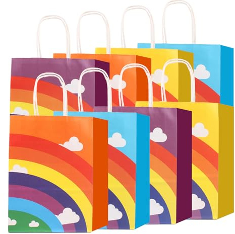 8 Stück Regenbogen Geschenktüten Papiertüten mit Griffen Geschenktüten Geburtstag Geschenktüten für Süßigkeiten Regenbogen Dekoration für Geburtstagsfeiern Kindertüten