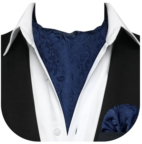 HISDERN Navy Blue Cravats for Men Paisley Cravat and Handkerchief Set Classic Solid Ascot Tie and Pocket Square for Wedding Party Business