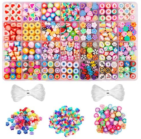 Yolistar 420 Stück Perlen zum Auffädeln, 28 Muster Polymer Clay Beads Weiche Topfperlen, mit Obst Fruchte Tieren Süssigkeit für DIY Armband Halskette Ohrringe, 2pcs 0.5mm Clear Thread
