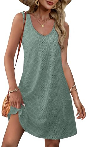 Aokosor Womens Summer Dresses 2025 Loose V Neck Sleeveless Sundress Beach Coverup with Pockets Floral/Plain/Eyelet