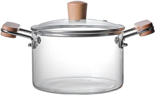 Pentola da Cucina in Vetro da 3 Litri, pentola per cuocere a Fuoco Lento, pentola per brodo, pentola da fornello, pentola in Vetro con Coperchio e Manico in Legno, pentole in Vetro