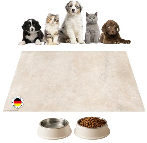 Napfunterlage | Futtermatte für Hunde und Katzen „Heller Stein in beige aus Premium Vinyl - 44x32 cm – rutschhemmend, abwaschbar, reißfest - Made in Germany