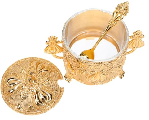 TOYZFRIENDY Azucarero Metálico con Cuchara Diseño Europeo Creativo Recipiente para Azúcar y Especias Almacenamiento para Cocina Acabado Dorado