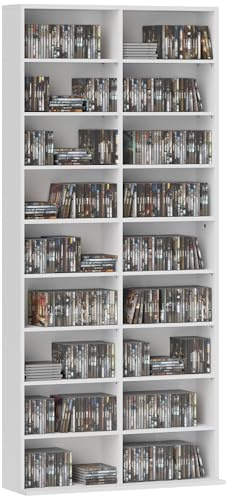 HOMCOM Rangements pour CD et DVD, meuble de rangement multimédia, capacité max. 640 CD/360 DVD et 430 Blu-ray, 18 compartiments 14 étagères réglables, pour salon, chambre, 78,5x24x175cm, blanc