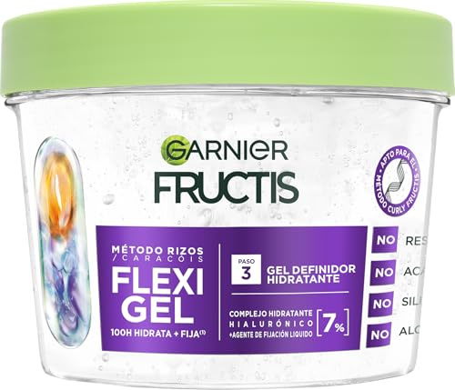 Garnier Fructis Método Rizos Flexi Gel Definidor Hidratante Todo Tipo Rizos | Gel de Peinado 370ml, para Todo Tipo de Rizos, 100h Hidratación y Definición, Fijación Flexible, sin Alcohol, Método Rizos