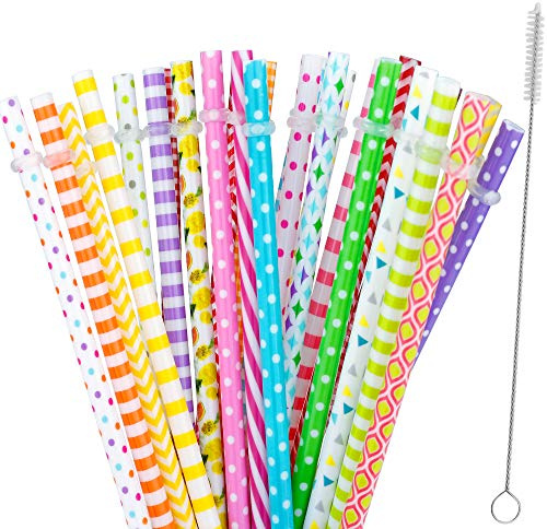 JANYUN 30 Pieces Reusable Plastic Straws BPA-Free 9 Colorful Printing Hard Platic Stripe Drinking Straw for Mason Jar Tumbler Family or Party Use Cleaning Brush Included(Random Pattern) (Straight)