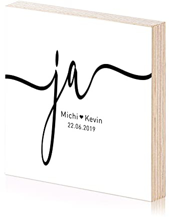 Ja Hochzeitsgeschenk Holzbild zum hinstellen oder aufhängen mit Spruch auf Holz als Geschenk-Idee zur Hochzeit Jahrestag Verlobung Valentinstag (Weiß)
