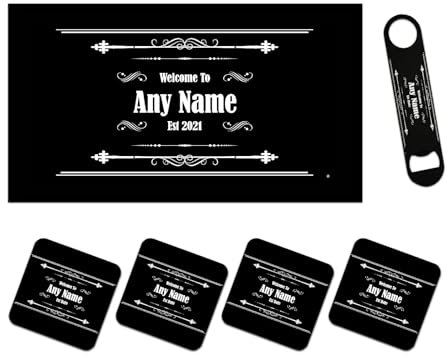 Personalised Bar Runner Mat, Matching Bottle Opener & 4 x Drinks Coasters Gift Set|Beer Gifts Home Bar Accessories for Pub Bars Man Cave Him Her|BRS-RA815|ADD ANY NAME/TEXT