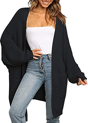 Tomwell Gilet Long Femme en Tricot Cardigan Veste Manches Longues Pull Gilet Casual Grosse Maille Manteau Chic Sweater Hiver Chandail Couleur Unie Outwear A Noir S
