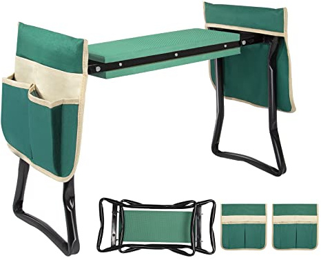 Uten Sgabello da Giardino Pieghevole, 2 in 1 Sgabellino Giardinaggio, Inginocchiatoio da Giardino e Sedile, Panca per Giardino Portatile con 2 Attrezzi Tasche e Cuscino in Schiuma EVA