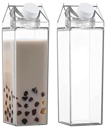 PW TOOLS 2 Bouteilles d'eau en Carton Lait, 500 Ml/1000 ML Recharge Jus Carré Transparent, Bouteille d'eau Réutilisable en Forme Carton Lait, Bouteille Jus, pour Voyage, Camping, Sport
