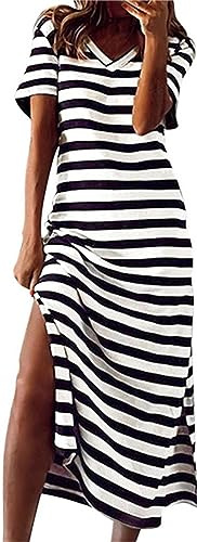 Sommerkleid Damen Lang - Gestreifte T Shirt Kleid Damen Sommer -Maxikleid Damen Kurzarm V-Ausschnitt Streifen Lässiges Lockeres Langes Kleider mit Schlitz Shirtkleider Strandkleid Freizeitkleid