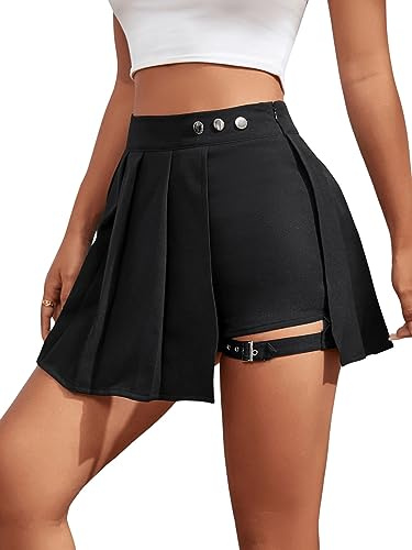 GORGLITTER Damen Hosenrock Kurze Hose Culottes Hosen Casual Minirock Asymmetrisch Röcke mit Schnalle Schwarz XS