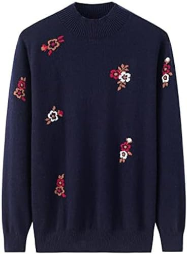Höst och vinter lös tröja halvkrage hög kashmirtröja för kvinnor stickad broderad kashmirtröja, mörkblå/XXL