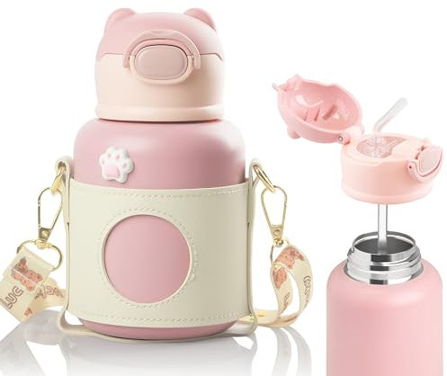 m MU Edelstahl Trinkflasche Kinder 500ml, Auslaufsichere Trinkflasche Mit Strohhalm, Auslaufsicher Sportflasche Kinder Für Sport, Fitness, Fahrrad, Fußball, Outdoor. Wasser Trinkflasche Bpa Frei/Rose