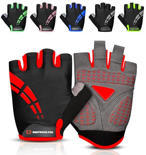 WESTWOOD FOX Cycling Gloves for Men Women,Half Finger Unisex Gel Padded Anti-Slip Mountain Bike Gloves, Breathable Shock Absorption Grip Palm Bicycle Summer Riding MTB Bike Gloves (Red, XL)