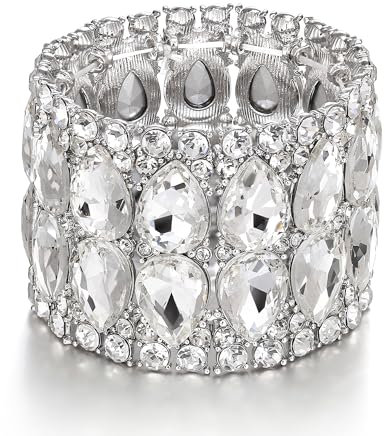 EVER FAITH Armband Statement Hochzeit Party Österreichische Strass Kristall Doppel Schichten Träne Elastische Armkette für Damen Klar Silber-Ton