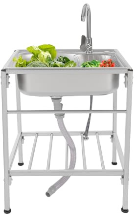 TESUGN Freistehendes Edelstahl-Waschbecken, Küche Multifunktionswaschtisch mit Kalten und Heißen Wasserhähnen, Outdoor-Waschbecken für Garage, Werkstatt, Waschküche, Camping, 60x45x75cm