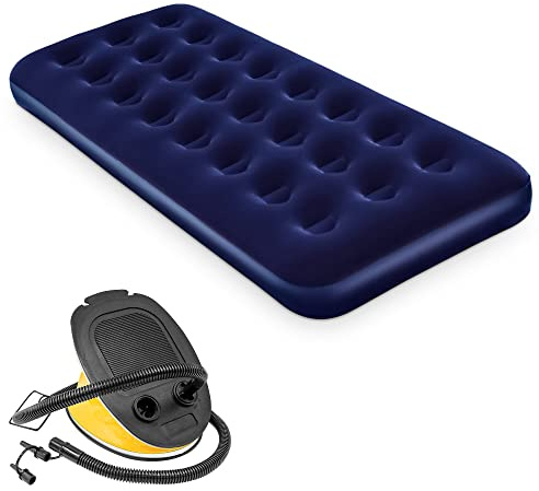Crystals Single & Double Inflatable Airbed with Flocked Top, Waterproof Blow-Up Mattress, Electric or Foot Pump, Portable for Adults, Camping, Festivals, Travel (Single Air Bed with Foot Pump)