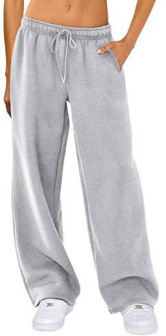 Women's Casual Joggers Sweatpants Solid Color Drawstring High Waist Wide Leg Pants with Pockets (Gray, S)