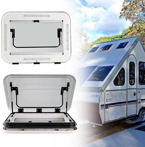 Lakenbroade Fenêtre de Toit à LED pour Camping-Car, Caravane, Camping-Car, Trappe d'aération de Toit avec éclairage LED, Couvercle en Acrylique Creux Double Couche avec Filet et Pare-Soleil,800x500mm