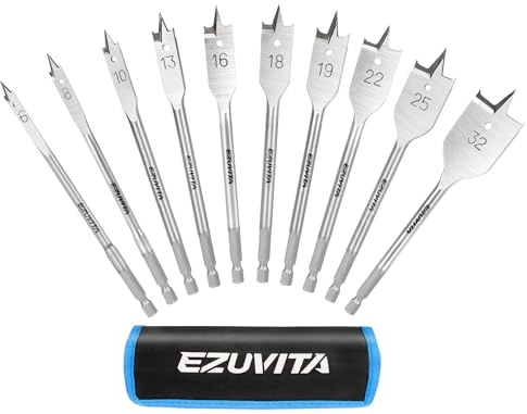 EZUVITA 10pcs Wood Spade Drill Bits Set With 152mm Extension, Carbon Steel Paddle Flat Bit for Hole Cutter Woodworking, 6mm to 32mm, Quick-Change Hex Shank, Acrossed Bits with Storage Pouch