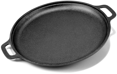 Gymdin 13.8 Inch Cast Iron Pizza Pan - Round Comal for Even Heating - Works on Oven, Grill & Campfire, Heavy-Duty Cast Iron Pizza Stone with Dual Handles