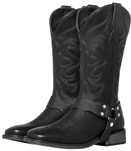 WrangWalker Square Toe Cowboy Boots for Women with Buckle Strap - Lightweight Wide Calf Western Cowgirl Boots with Cushion Insole, Black US 9