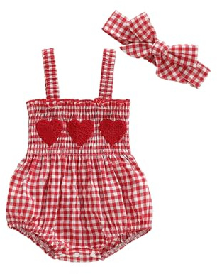 Acrawnni Newborn Infant Baby Girl 1st Valentine's Day Outfit Plaid Heart Sleeveless Suspender Jumpsuit with Headbands Sets (A-Red, 12-18 Months)