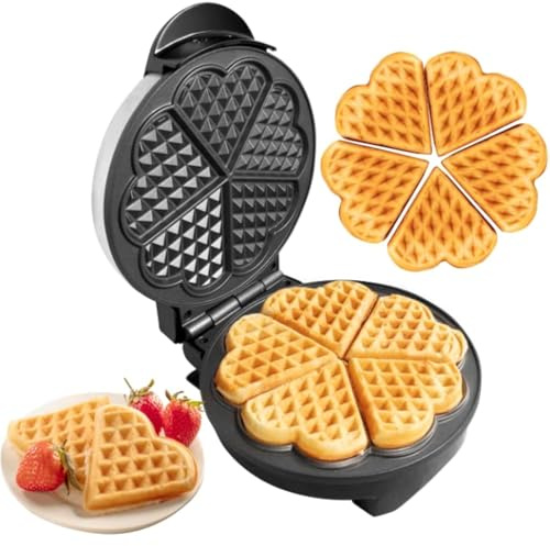 Heart Waffle Maker- Make 5 Mini Heart Shaped Waffles, Special Loved Ones Breakfast- Easy Clean Non-stick Baker, Electric Waffler Griddle Iron with Adjustable Temperature Control- Mother's Day Gift