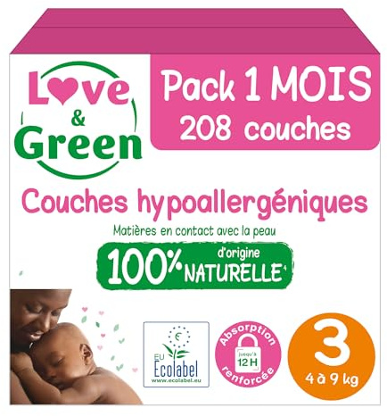 Love & Green - Couches Bébé Saines et Ecologiques - Taille 3 (4-9 Kg) - Pack 1 Mois (208 Couches) - Absorbante, anti-fuites et sans ingrédients indésirables - Certifiées Dermatestn