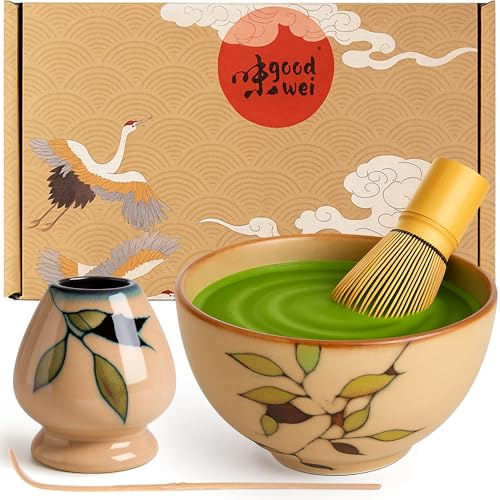 Matcha Teservis med modern Matcha-skål Chawan, Visphållare och Bambuvisp (80, Bamboo)