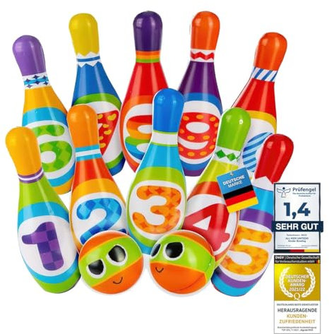 all Kids United® Kegelspiel für Kinder Bowling-Set XXL mit 10 weichen PU Kegeln und 2 Bällen; Pädagogisches Lern-Spielzeug für Drinnen & Draußen aus Schaumstoff (10er Set)