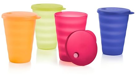 Tupperware Brand Impressions Trinkbecher, 473 ml, spülmaschinenfest, BPA-frei, wiederverwendbar, Kunststoffbecher mit Deckel, 4 Stück
