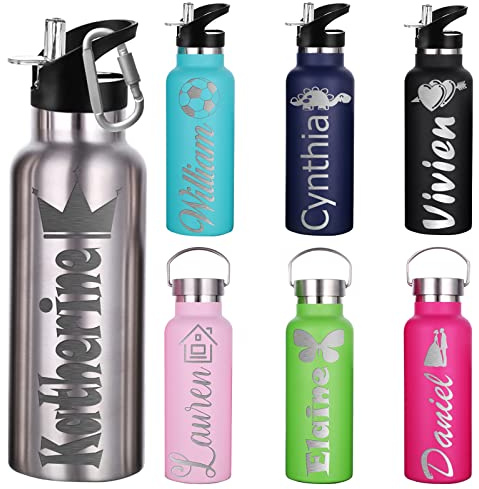Bouteille d'eau Personnalisée avec Couvercle à Paille pour l'école, Bouteille d'eau de Sport Isotherme en acier Inoxydable avec nom pour Filles, Garçons, Femmes, Hommes (350 ml/750 ml,7 Couleurs)
