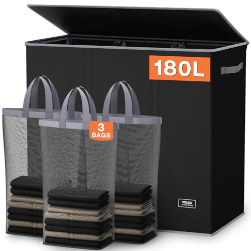 SOLEDI Cesto portabiancheria da 180 l, con coperchio, 3 scomparti e 3 sacchetti per la biancheria, grande XXXL per bagno, camera da letto, lavanderia, cameretta dei bambini, 3 x 60 l