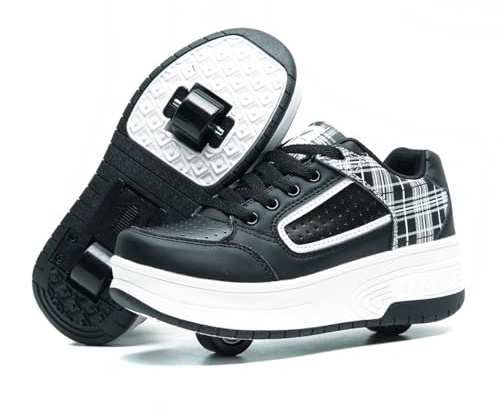 HUSKSWARE Jungen Mädchen Automatisch 2 Räder Skateboardschuhe, Rollschuhe für Kinder Schuhe Mit Doppelt Rollen, Outdoor Fitnessschuhe Sneakers, Schwarz-Weiß, 34 EU