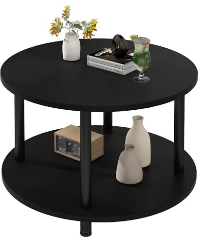 VERFARM Tavolino rotondo, 2 ripiani, tavolino da salotto, tavolino da caffè, tavolino da divano, per soggiorno, camera da letto, robusto telaio in metallo/pannello MDF, 60 x 60 x 48,5 cm, nero-nero