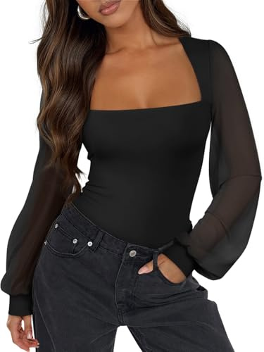PINKMSTYLE Mesh Bodysuit for Women Sexy Slimming Square Neck Double Lined Tops Fall Classy Puff Long Sleeve Tops Shirts Black Medium