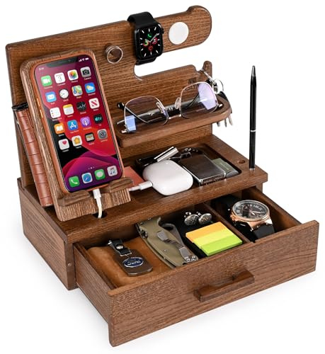 TESLYAR Estación de acoplamiento de madera para teléfono con cajón, accesorios de escritorio y organizador de espacio de trabajo, organizador de mesita de noche, regalos de cumpleaños para hombres o