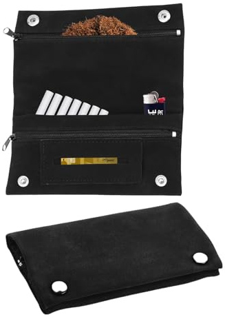 GUOYOU Tobacco Pouches, Premium Leather Tobacco Pouch for Father (Black) | Handmade Cigarette Case Bag, Portable Tobacco Bag with Magnetic Buttons and Zip Stylish on the Go Storage for Rolling Tobacco