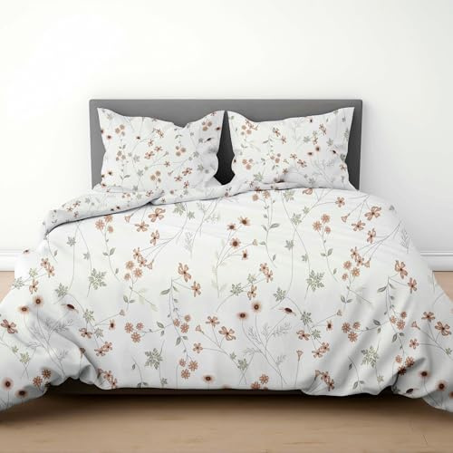 LINENWALAS 100 % percale-bomull, 3-delat påslakanset för king size, mjukt, skarpt och svalkande lyxigt påslakanset med dragkedja och sängklädesset (krimson blomma, kung)