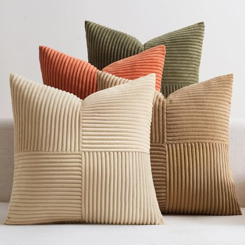 EMEMA Kissenbezug Kordsamt 4er Set Patchwork Kissenhülle 50x50 cm Zierkissenbezug Dekokissen Sofakissen Kord Dekorative Kissen für Sofa Sessel Zuhause Schlafzimmer Braun-grün Serie