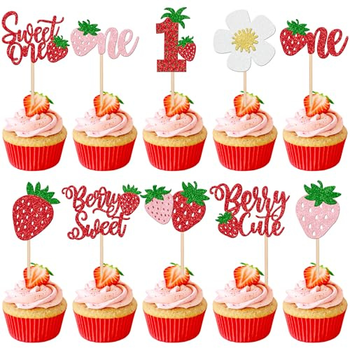 Xsstarmi 30 Pack Sweet One Cupcake Toppers Glitter Berry Cute Strawberry Cupcake Picks Sweet Berry Cake Decorations for Strawberry Theme Baby Shower 1st Birthday Party Supplies