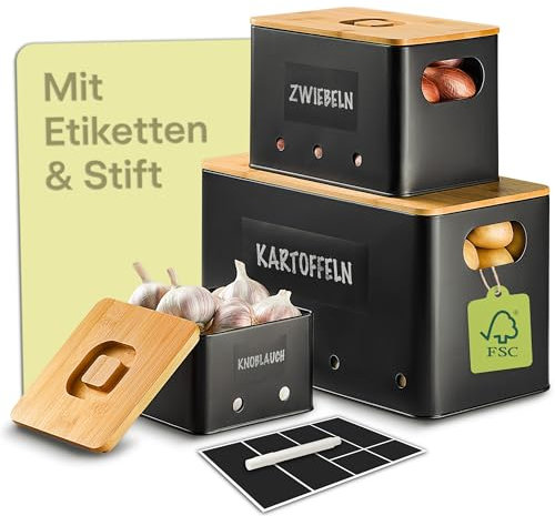 Praknu Vegetable Storage Containers Set of 3 - Stackable - Ventilated Holes for Longer Freshness - FSC® Bamboo Lid - Ideal for Potatoes, Onions & Garlic - With Labels & Pen for Easy Marking