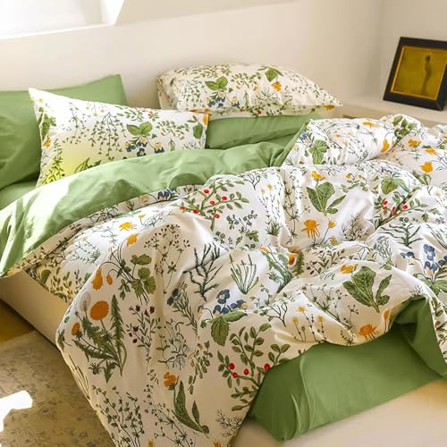 Covebett - Juego de ropa de cama de algodón 135 x 200 cm, diseño de flores pequeñas y estampado botánico, funda nórdica estética con cremallera y funda de almohada de 80 x 80 cm