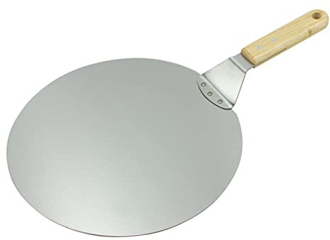 Pala para Pizza de Acero Inoxidable 430, para Hornear, de 10/12 Pulgadas, para Pan, Pasteles y Pizza, con Mango de Madera Maciza, Redonda, Plateada (43,5 x 25 cm)