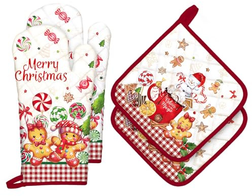 Arquiel Weihnachten Lebkuchen Ofenhandschuh & Topflappen 4er-Set | Baumwoll-Küchenset mit Weihnachten Lebkuchen-Motiv, hitzebeständig und praktisch zum Kochen, Backen und Grillen.