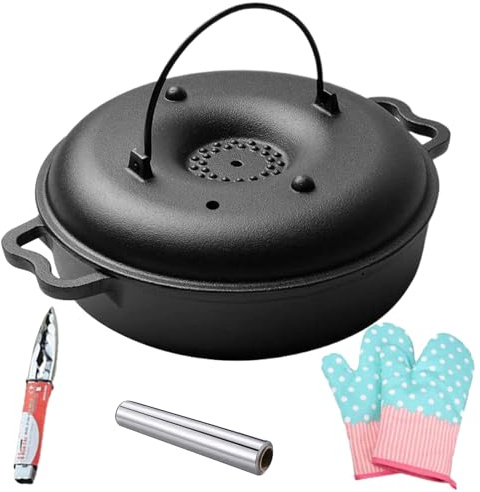 Bandeja de horno para asados con tapa, olla de hierro para patatas dulces con pinza y guantes, olla para asados | Para barbacoa, parrilla y hornillo para verduras, patatas dulces, maíz y pinza