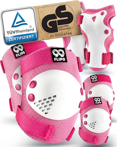 99FLIPS Protezioni Pattini Bambina Ginocchiere Bambini - Set Protezione Skate Bambino Ginocchiere e Gomitiere - RISE - Taglia XS - ROSA BIANCO - Protezione Bici Bambina